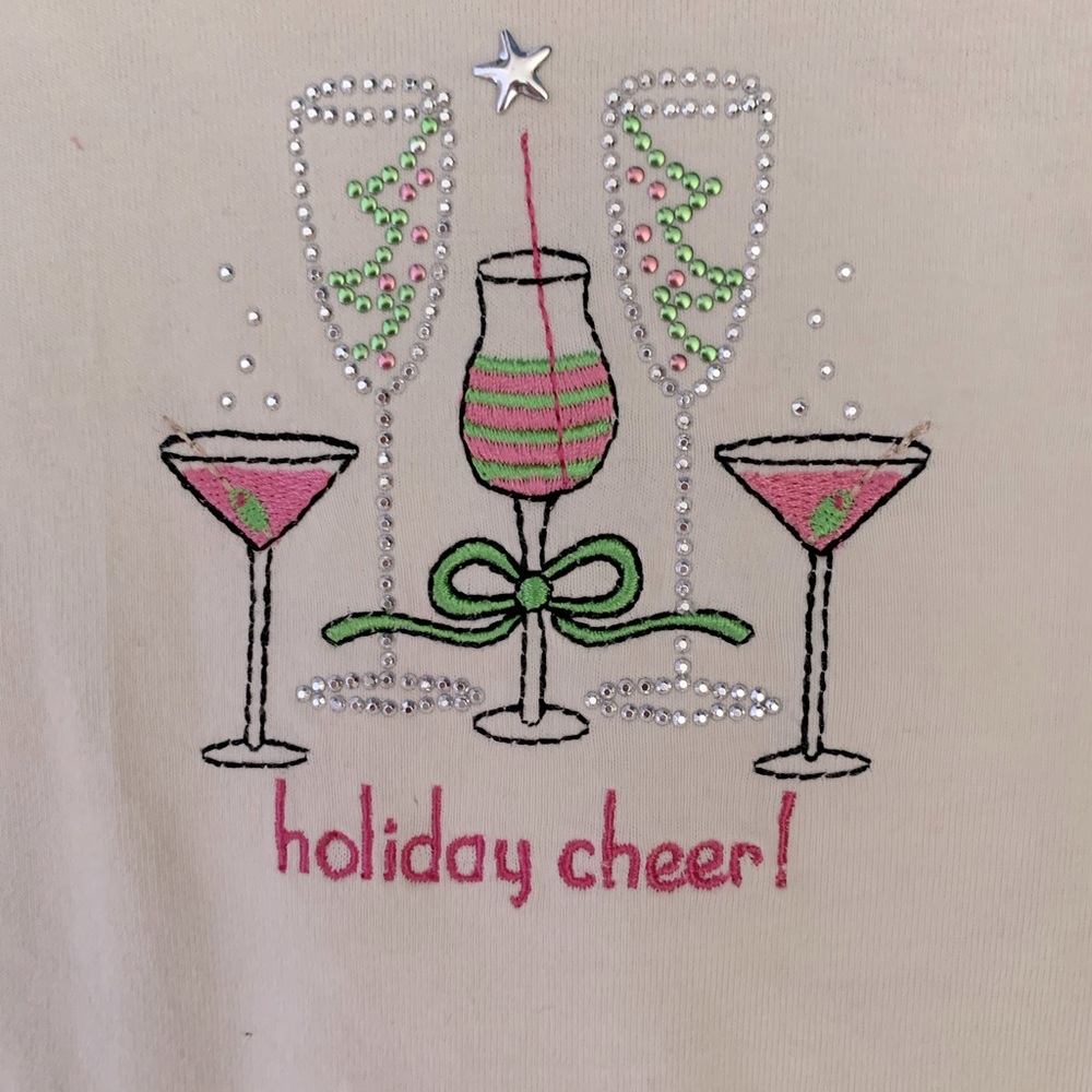 Holiday Cheer Cotton Tee XL Cream Embellished Festive Drinks Celebrate